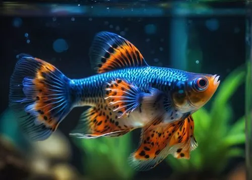 cute guppy, blue and orange body, fins up, swimming, aquarium, water plants, bubbles rising, clear glass wall, close-up, shallow depth of field, soft focus, warm lighting, vibrant colors, tiny size, p