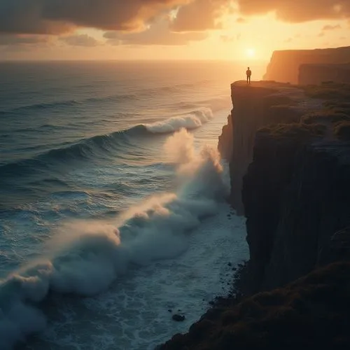 a very high cliff above a raging ocaean, old business man with orange hair standing on the edge of the cliff in direction of the ocean, sunset, cinematic ultra-reallistic,the man is standing on top of