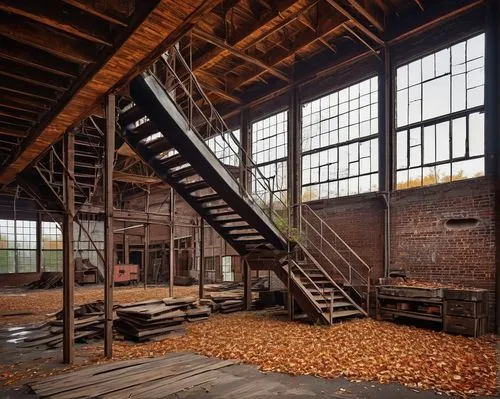 brickworks,brickyards,steel stairs,loft,warehouse,lofts,abandoned factory,cannery,empty factory,sugar plant,industrial hall,warehouses,mezzanines,old factory,grain plant,factory hall,old factory building,sawmill,packinghouse,flour mill,Illustration,Black and White,Black and White 22