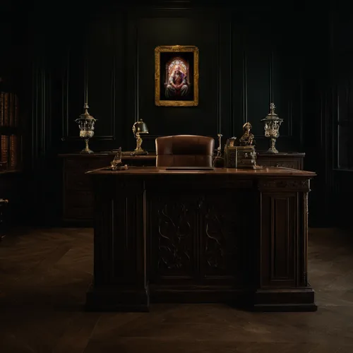 turn the external background part in to: a Renaissance office with a desk on the front in a fantasy style,dark cabinetry,dark cabinets,secretary desk,sideboard,writing desk,apothecary,consulting room,