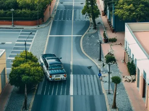 calle de concreto
paso de cebra para peatones 
zonas verdes
senderos 
personas caminando 
,a long empty street that has a bus on it,bus lane,carril,carrero,tilt shift,tram road,gomera,Photography,Gene