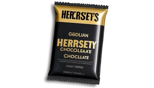 Golden Hershey's chocolate bar, rectangular shape, smooth surface, milk chocolate color, silver foil wrapping, curved edges, creases on packaging, bright lighting, 3/4 composition, shallow depth of fi