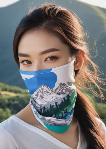 Create a bandana featuring a peaceful and tranquil mountain scenery.,pollution mask,surgical mask,breathing mask,medical face mask,mouth-nose protection,flu mask,ventilation mask,beauty mask,respirato