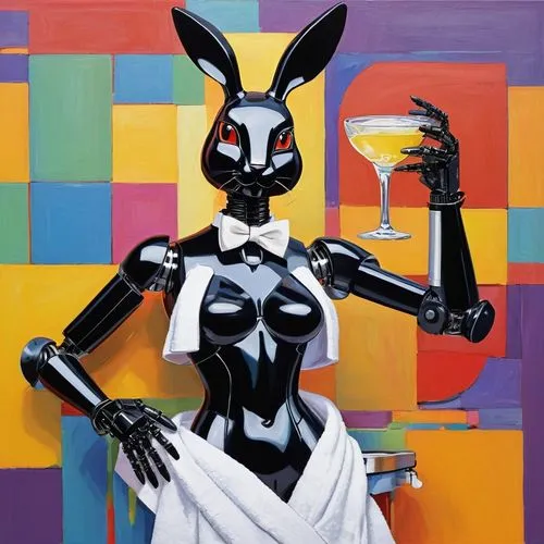 female anthropomorphic black rabbit, black robot rabbit made of black plastic, robot rabbit butler, bowtie, silver platter in hand, white towel in arm, offering drinks, courteous demeanor, female ches