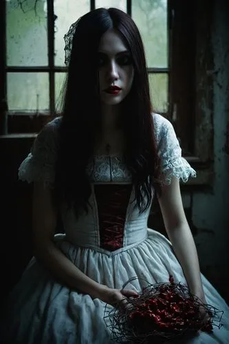 gothic portrait,gothic woman,vampire woman,dark gothic mood,gothic fashion,vampire lady,dead bride,gothic dress,bleeding heart,blood currant,bloody mary,gothic,dark portrait,red riding hood,gothic style,victorian lady,black forest,dark red,dark art,rose white and red,Illustration,Abstract Fantasy,Abstract Fantasy 17