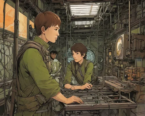 Imagine a romantic encounter in the midst of Dharma Initiative's experiments.,typesetting,forest workers,workers,warehouseman,watchmaker,factory,watercolor shops,game illustration,lost in war,sewing f