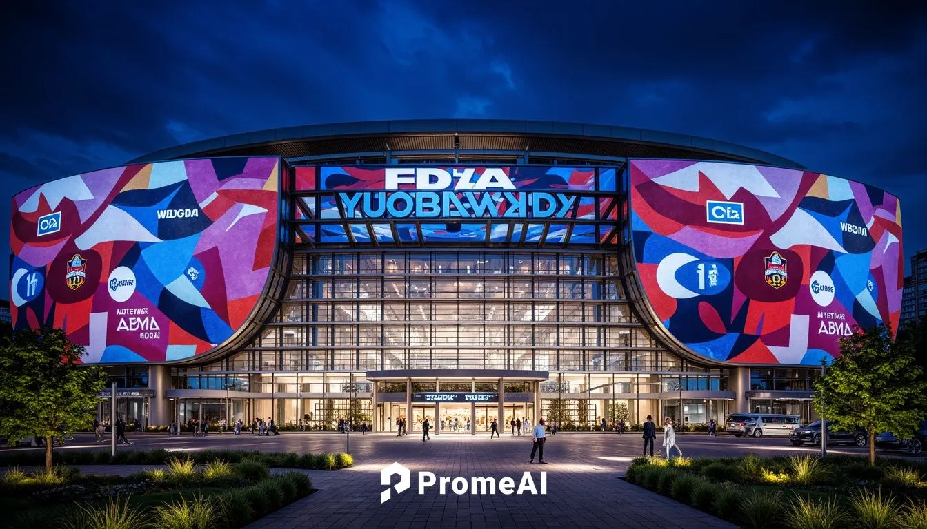 Vibrant football stadium, dynamic facade design, curved lines, bold typography, team logos, colorful LED lights, transparent glass walls, sleek metal frames, cantilevered roofs, grand entrance gates, 