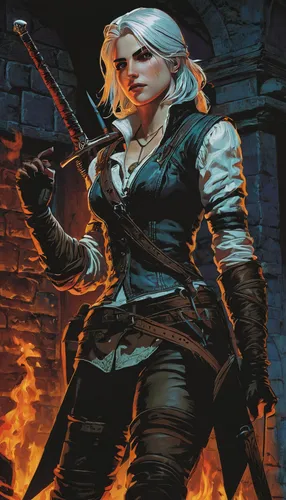 the witcher ciri,witcher,dark elf,swordswoman,heroic fantasy,fire master,blacksmith,smouldering torches,dodge warlock,fire background,female warrior,rosa ' amber cover,massively multiplayer online rol