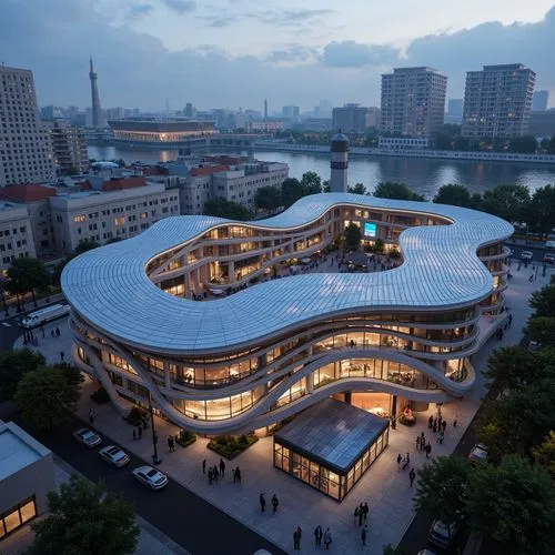 Futuristic metro station, dynamic curves, iridescent colors, glowing neon lights, metallic materials, parametric architecture, undulating rooflines, cantilevered structures, urban landscape, bustling 