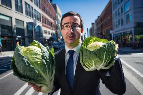 John Oliver, middle-aged man, bespectacled, short brown hair, beard, suit, white shirt, tie, holding a cabbage, standing, city street, daytime, sunny, blue sky, few passersby, close-up of John's facia