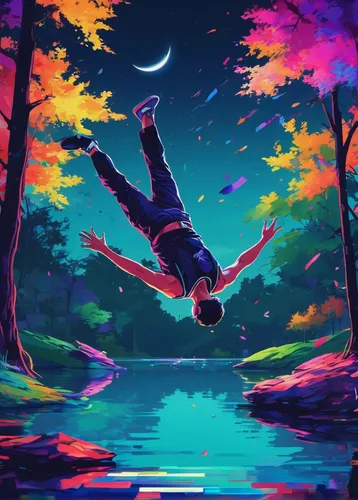 Create a suspenseful moment as someone dives into the park lake at midnight.,falling,floating over lake,floating,to fall,falling star,float,fallen colorful,hanged man,falling stars,trampoline,falling 