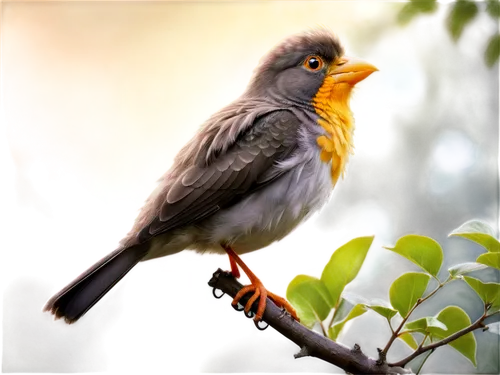 Small bird, perched on branch, green leaves, bright eyes, yellow beak, fluffy feathers, singing, morning ambiance, soft natural light, close-up shot, shallow depth of field, warm color tone, gentle fo