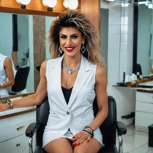 Close portrait. View of attractive rich very elegant laughing arabic women with hairstyle 1980s style C C Catch,  looking straight into eyes, caressing bare upper arms, sitting in the chair and crossi