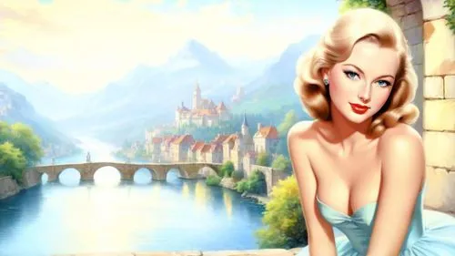 the blonde in the river,cartoon video game background,cendrillon,ninfa,girl on the river,fantasy woman