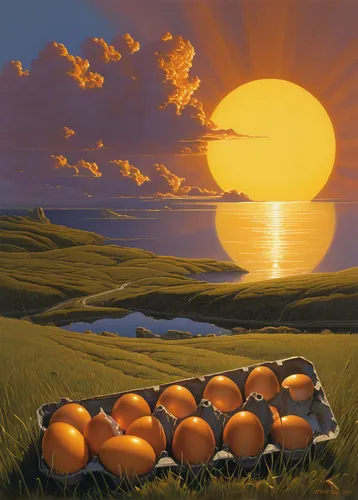 Write a poetic description of a golden sunrise shining on a carton of eggs.,range eggs,free-range eggs,fresh eggs,brown eggs,painted eggs,goose eggs,chicken eggs,colored eggs,egg yolks,painting eggs,b