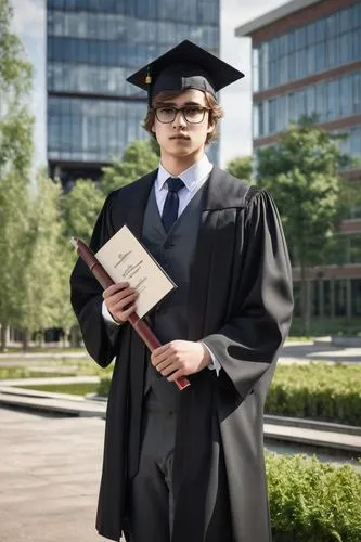 Degree in architecture, young adult, male, graduate, mortarboard, glasses, neat hair, formal wear, suit, tie, holding diploma, standing, proud smile, university campus, modern buildings, greenery, sun