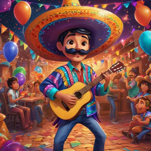 miguel of coco,mariachi,cinco de mayo,pandero jarocho,mexican holiday,mexican tradition,piñata,sombrero,mexican culture,el dia de los muertos,mexican,sombrero mist,birthday banner background,dia de los muertos,mexican calendar,mexican halloween,fiesta,mexico,coco,mexican mix,Illustration,Realistic Fantasy,Realistic Fantasy 20