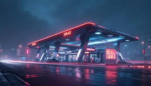 electric gas station,gas station,e-gas station,retro diner,petrol pump,octane,filling station,night highway,gas pump,citgo,autopolis,quiktrip,forecourt,neon coffee,dealership,unipetrol,rain bar,gas pumps,truck stop,highway lights,Photography,General,Realistic