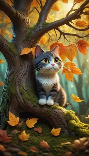 autumn background,autumn theme,in the autumn,fall animals,autumn mood,autumn day,autumn forest,cute cat,cat,autumn idyll,cats in tree,autumn cupcake,just autumn,oak kitten,cat sparrow,autumn,cat resting,autumn scenery,the autumn,in the fall,Illustration,Abstract Fantasy,Abstract Fantasy 06