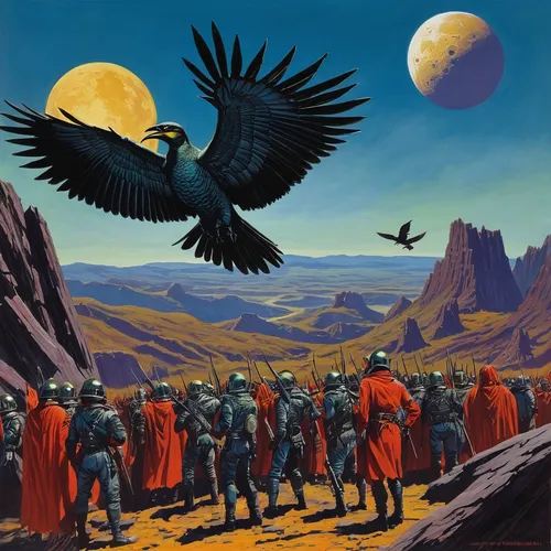 guards of the canyon,murder of crows,crows,eagles,heroic fantasy,vultures,mongolian eagle,flock home,migration,imperial eagle,dune 45,falconer,migrate,primeval times,corvidae,shamanic,a flock of pigeons,eagle illustration,sci fiction illustration,harp of falcon eastern,Conceptual Art,Sci-Fi,Sci-Fi 14