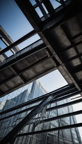 Modern architectural truss design, steel beams, silver metal, industrial texture, geometric shape, angular lines, minimalist aesthetic, urban cityscape, skyscraper background, concrete floor, glass wa