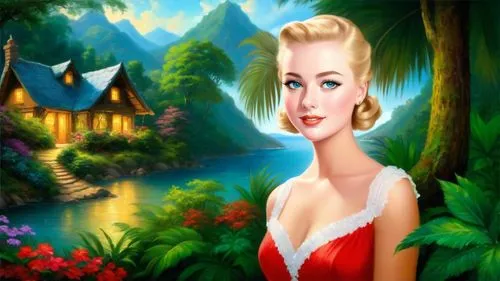 Romantic masterpiece oil painting, beautiful girl portrait, nostalgic 1950's style kitsch, vibrant rainforest, mountaintop cottage landscape, lush tropical jungle paradise, beautiful natural scenery, 