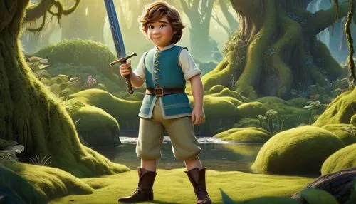 Far Far Away kingdom, Prince Fergus, Shrek's son, 10yo, green skin, messy brown hair, freckles on nose, curious eyes, white shirt, blue shorts, holding a toy sword, standing in front of a swampy backg