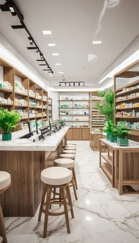 Modern pharmacy interior, bright white walls, wooden shelves, glass cabinets, stainless steel counters, marble floors, minimalist lighting fixtures, green plants on shelves, apothecary jars filled wit