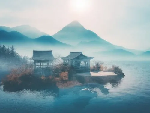 house with lake,lonely house,floating huts,japan landscape,landscape background,house by the water,fantasy landscape,foggy landscape,home landscape,mountain lake,house in mountains,tranquility,beautif