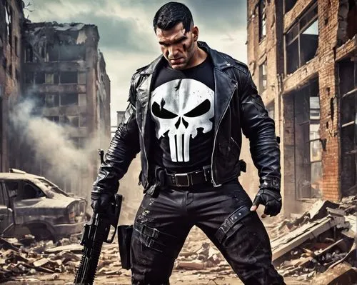 Muscular man, Punisher costume, helmet, black leather jacket, torn pants, combat boots, holding M4A1 rifle, intense facial expression, urban cityscape, abandoned building, broken windows, debris scatt