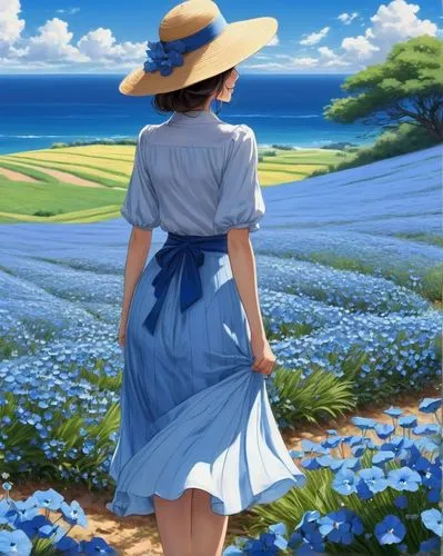 blooming field,springtime background,field of flowers,spring background,summer day,blue daisies,country dress,flower field,blue painting,flowers field,girl picking flowers,daffodil field,straw hat,spring morning,darjeeling,sea of flowers,suitcase in field,blue petals,field of poppies,forget-me-not,Illustration,Paper based,Paper Based 11