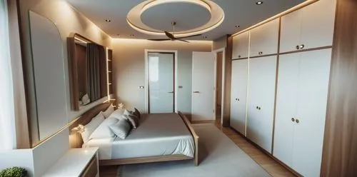 Bedroom with modern interior, decorative modern false ceiling, 4 door wardrobes opposite bed, wall art with lights and the door facing the camera leading into the bathroom and another next to the ward