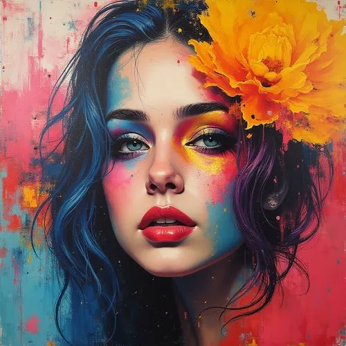 girl in flowers,flower painting,colorful floral,oil painting on canvas,pintura,jeanneney,flower art,kahila garland-lily,colorful background,chevrier,beautiful girl with flowers,boho art,seni,nielly,art painting,bohemian art,colorful daisy,vibrantly,pollinate,flora,Photography,General,Realistic