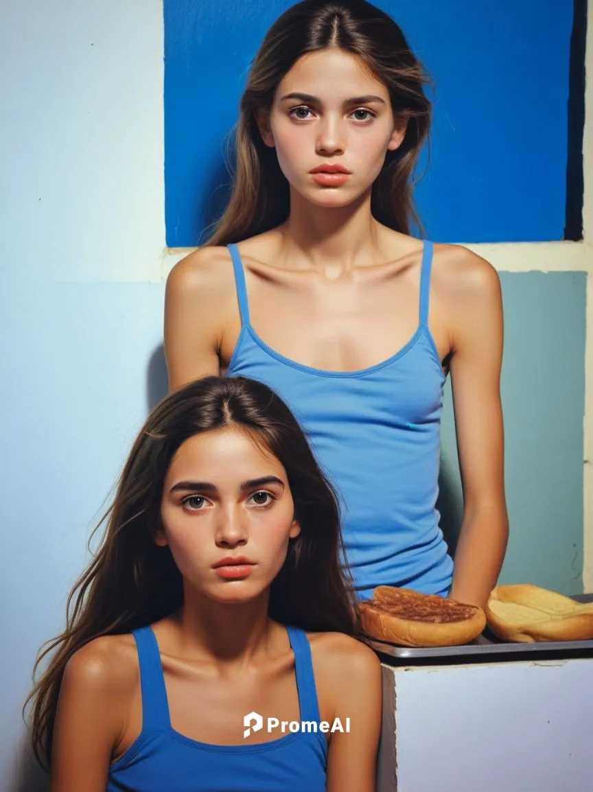 Starving girl in the sanctuary,two women posing with one leaning on the counter, while the other is sitting behind her,gazelles,anorexia,demoiselles,olsens,khnopff,companias