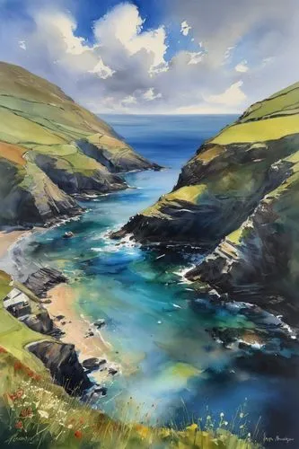 boscastle harbour
,a painting of some water and hills,coastal landscape,solva,belcove,sceleton coast,merionethshire,donegal,Illustration,Paper based,Paper Based 11