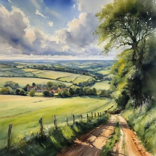 rural landscape,cotswolds,countryside,wiltshire,farm landscape,green landscape,Illustration,Paper based,Paper Based 11