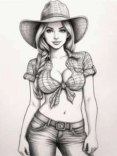 cowgirl,straw hat,countrygirl,cowgirls,the hat-female,farm girl,farmer,pencil drawing,cowboy hat,sheriff,pencil drawings,park ranger,game drawing,vintage drawing,summer line art,straw hats,handdrawn,lori,line-art,leather hat,Illustration,Paper based,Paper Based 10