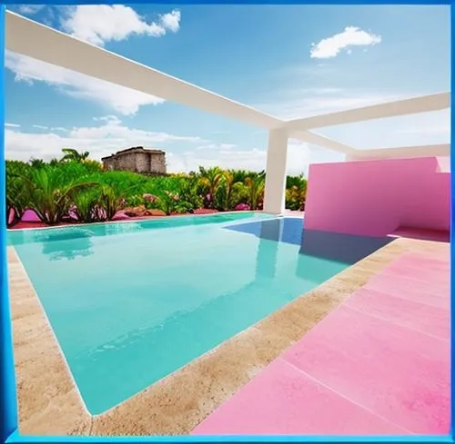 POOL, LUIS BARRAGÁN STYLE ARCHITECTURE, PURE STYLE ARCHITECTURE, PINK, GUIDANCE SCALE 60,  –AR 16:9 – QUALITY 70- INTELLIGENT HYPER REAL RENDERED, ADOBE COLOR,  CLARITY 50, RGB CURVES,WET FLOOR, BLUE 