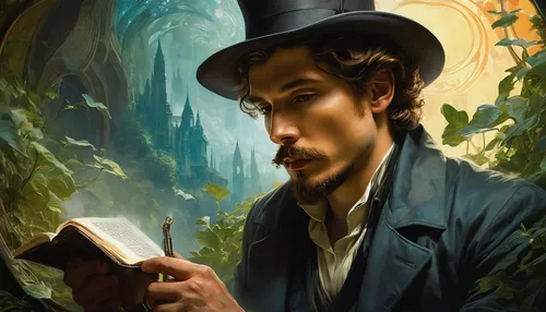 sherlock holmes,hans christian andersen,sherlock,holmes,fantasy portrait,benedict,mystery book cover,sci fiction illustration,jrr tolkien,benedict herb,lokportrait,hatter,investigator,apothecary,theoretician physician,the doctor,robert harbeck,meticulous painting,fantasy art,magician,Conceptual Art,Fantasy,Fantasy 05