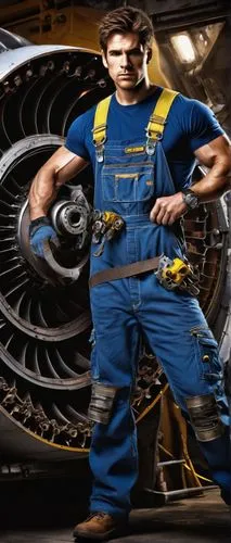 Mechanic, male, muscular arms, tool belt, blue overalls, silver goggles, messy brown hair, strong facial features, serious expression, holding a wrench, standing in front of a massive spaceship engine