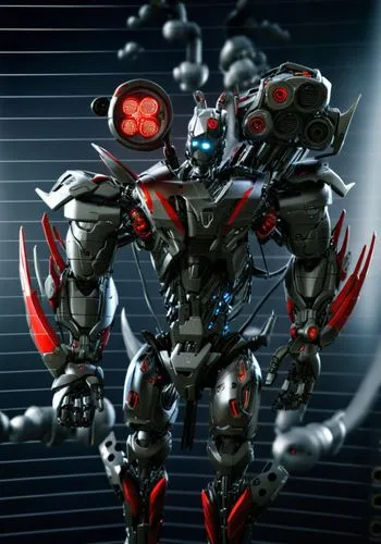 หุ่นยนต์ต่อสู้, โลหะ,a computer robot standing with two robotic arms and a red eye,makuta,ultron,takanuva,cybertronian,robotix,ironhide,Photography,General,Sci-Fi