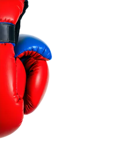 Leather boxing gloves, red and blue color scheme, lace-up closure, padded knuckle area, curved finger design, thumb lock, white stitching, shiny leather texture, metallic buckle, worn and torn details