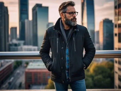 Famous architecture photographer, male, 40s, beard, glasses, holding camera, black jacket, jeans, sneakers, standing, urban cityscape, skyscrapers, modern buildings, steel and glass structure, detaile