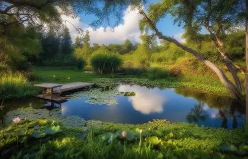 a pond with a dock, concrete ledge 2 feet x 10 feet long around the 3 corners, water lily along the edge,lily pond,garden pond,pond plants,pond,lilly pond,wetland,pond flower,wetlands,lotus pond,green