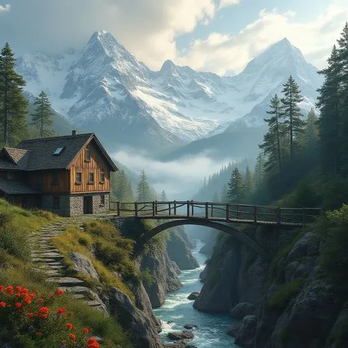 house in mountains,house in the mountains,the cabin in the mountains,home landscape,fantasy landscape,lonely house,alpine landscape,mountain landscape,mountain huts,world digital painting,mountain settlement,beautiful landscape,landscape background,alpine village,mountain hut,swiss alps,nature landscape,mountain village,log home,mountain scene,Photography,General,Realistic