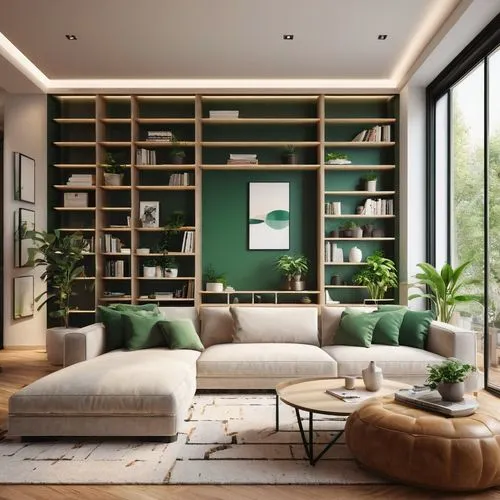 green living,bookcases,modern living room,livingroom,minotti,living room,bookshelves,modern minimalist lounge,modern decor,bookcase,contemporary decor,interior modern design,modern room,sitting room,apartment lounge,shelving,mahdavi,cassina,home interior,interior design,Illustration,Realistic Fantasy,Realistic Fantasy 18