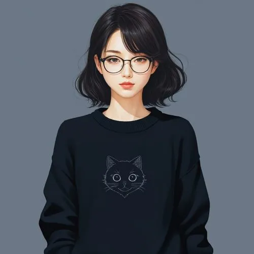 女生，眼镜，黑色毛衣，卡通，日本动漫，动漫，插画，扁平插画,an anime character with a cat - shaped shirt on,kiyoko,fuki,longhu,fashion vector,sumiala,xuhui,Illustration,Japanese style,Japanese Style 18