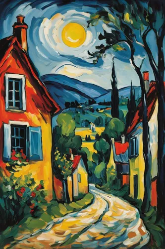 david bates,cottages,village scene,home landscape,rural landscape,olle gill,motif,braque francais,night scene,lapereau,breton,cottage,escher village,village street,landscape,quebec,creux du van,braque du bourbonnais,farm landscape,street scene,Art,Artistic Painting,Artistic Painting 37