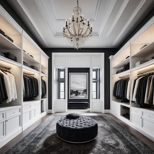 a straight on view of a walk-in closet in an old victorian apartment designed by Ferris Rafauli, with 20 foot ceilings, white walls with intricate mouldings all around and arched windows and door fram