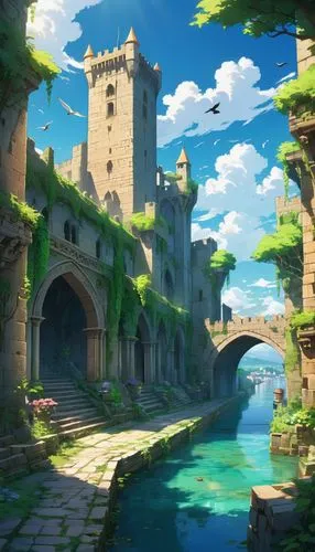 alfheim,fantasy landscape,city moat,cartoon video game background,ancient city,castlelike,Illustration,Japanese style,Japanese Style 03